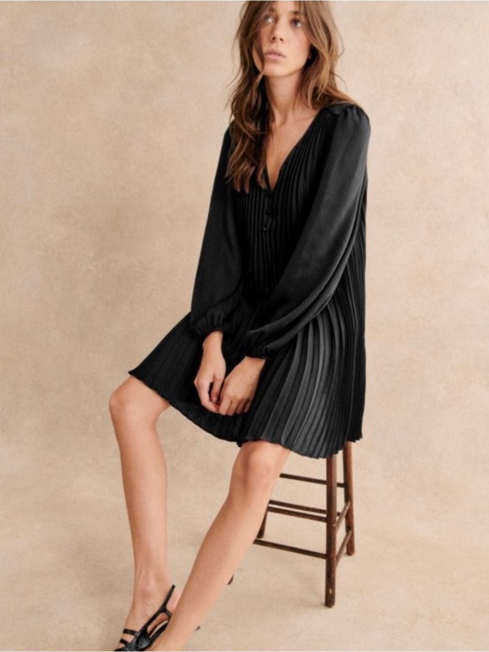 Sezane Selita Pleated V-Neck Button Dress